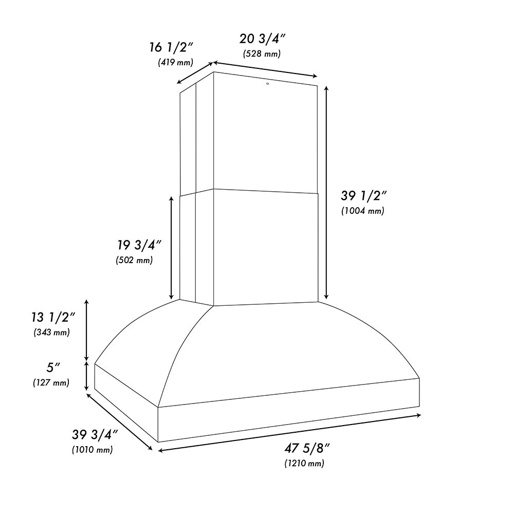 ZLINE 48 in. Island Mount Outdoor Grill Hood (GOi2-48) dimensional diagram.