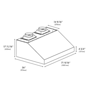 ZLINE 72 in. Under Cabinet Outdoor Grill Hood (GOU1-72) dimensional diagram.