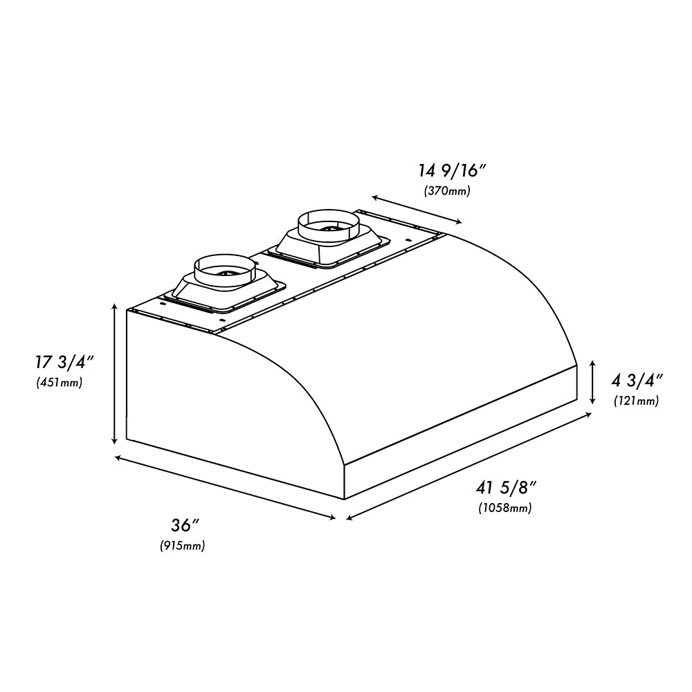 ZLINE 42 in. Under Cabinet Outdoor Grill Hood (GOU2-42) dimensional diagram.