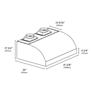 ZLINE 42 in. Under Cabinet Outdoor Grill Hood (GOU2-42) dimensional diagram.