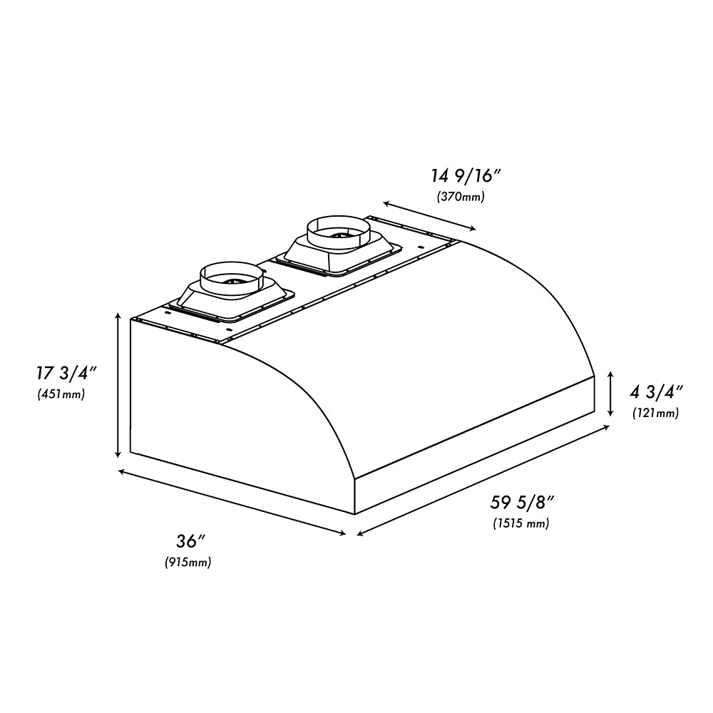 ZLINE 60 in. Under Cabinet Outdoor Grill Hood (GOU2-60) dimensional diagram.
