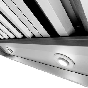 ZLINE 48 in. Wall Mount Outdoor Grill Hood (GOW1-48) close-up, built-in lights.