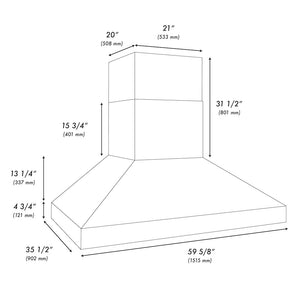 ZLINE 60 in. Wall Mount Outdoor Grill Hood (GOW1-60) dimensional diagram.