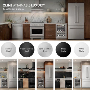 ZLINE color options for panel finishes. Left to Right: Stainless Steel, Black Stainless Steel, Satin Stainless Steel, Black Matte, and White Matte.