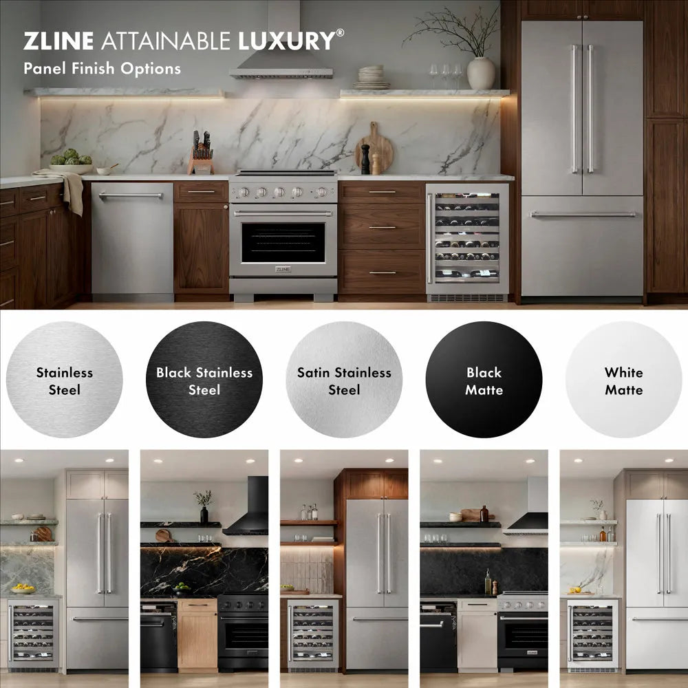 ZLINE color options for panel finishes. Left to Right: Stainless Steel, Black Stainless Steel, Satin Stainless Steel, Black Matte, and White Matte.