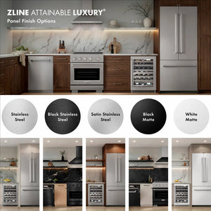 ZLINE color options for panel finishes. Left to Right: Stainless Steel, Black Stainless Steel, Satin Stainless Steel, Black Matte, and White Matte.