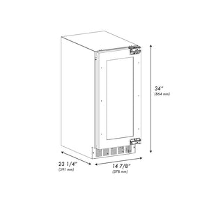 ZLINE 15 in. Touchstone Clear Cube Ice Maker with Drain Pump and Panel Ready Door (ICCDP-15) dimensional diagram.