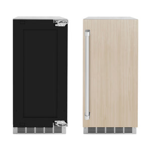 ZLINE 15 in. Touchstone Clear Cube Ice Maker with Drain Pump and Panel Ready Door (ICCDP-15) front, panel ready unit side-by-side with unit with custom panels.