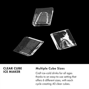 Clear Cube Ice Maker Infographic. Multiple Cube Sizes. Text: Craft a bevy of ice-cold beverages and creative cocktails thanks to an easy-to-use setting that offers 6 different cube sizes, with each cycle creating 40 clear cubes.