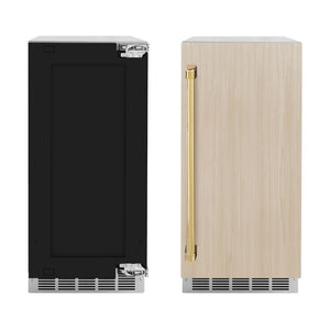 ZLINE Autograph Edition 15 in. Touchstone Clear Cube Ice Maker with Drain Pump and Panel Ready Door with Polished Gold Handle (ICCDPZ-15-G) front, panel ready unit side-by-side with unit with custom panels.