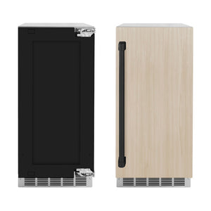 ZLINE Autograph Edition 15 in. Touchstone Clear Cube Ice Maker with Drain Pump and Panel Ready Door with Matte Black Handle (ICCDPZ-15-MB) front, panel ready unit side-by-side with unit with custom panels.