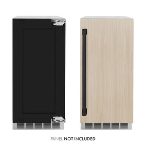 ZLINE Autograph Edition 15 in. Touchstone Clear Cube Ice Maker with Drain Pump and Panel Ready Door with Matte Black Handle (ICCDPZ-15-MB) front, panel ready unit side-by-side with unit with custom panels. Text: Panel not included.