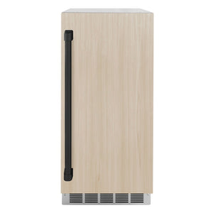 ZLINE Autograph Edition 15 in. Touchstone Clear Cube Ice Maker with Drain Pump and Panel Ready Door with Matte Black Handle (ICCDPZ-15-MB) front, closed, panel and handle on.