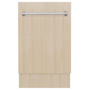 ZLINE 18 in. Tallac Series 3rd Rack Top Control Dishwasher in Custom Panel Ready with Stainless Steel Tub, 51dBa (DWV-18) with custom wood panel and handle.