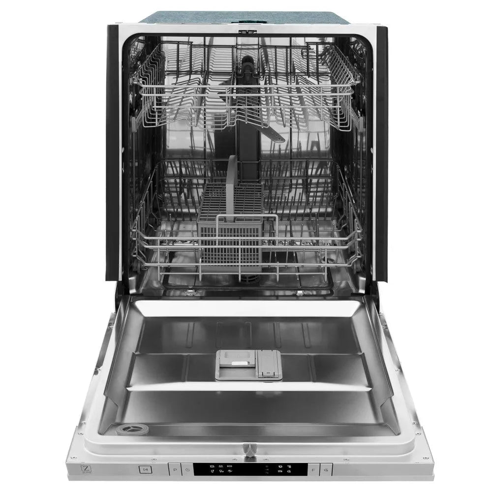 ZLINE 30 in. Kitchen Package with Stainless Steel Dual Fuel Range, Modern Over The Range Microwave and Tall Tub Dishwasher (3KP-RAOTR30-DWV) front, open.