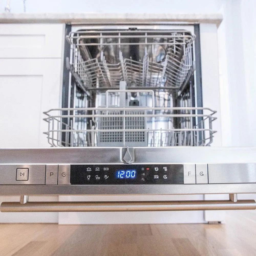 ZLINE 24 in. Top Control Built-In Dishwasher with Satin Stainless Steel Panel and Stainless Steel Tub with Modern Style Handle, 52dBa (DW-SN-24) with open door in a kitchen setting