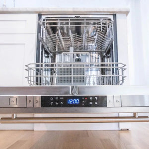 ZLINE 24 in. Top Control Built-In Dishwasher with Satin Stainless Steel Panel and Stainless Steel Tub with Modern Style Handle, 52dBa (DW-SN-24) with open door in a kitchen setting