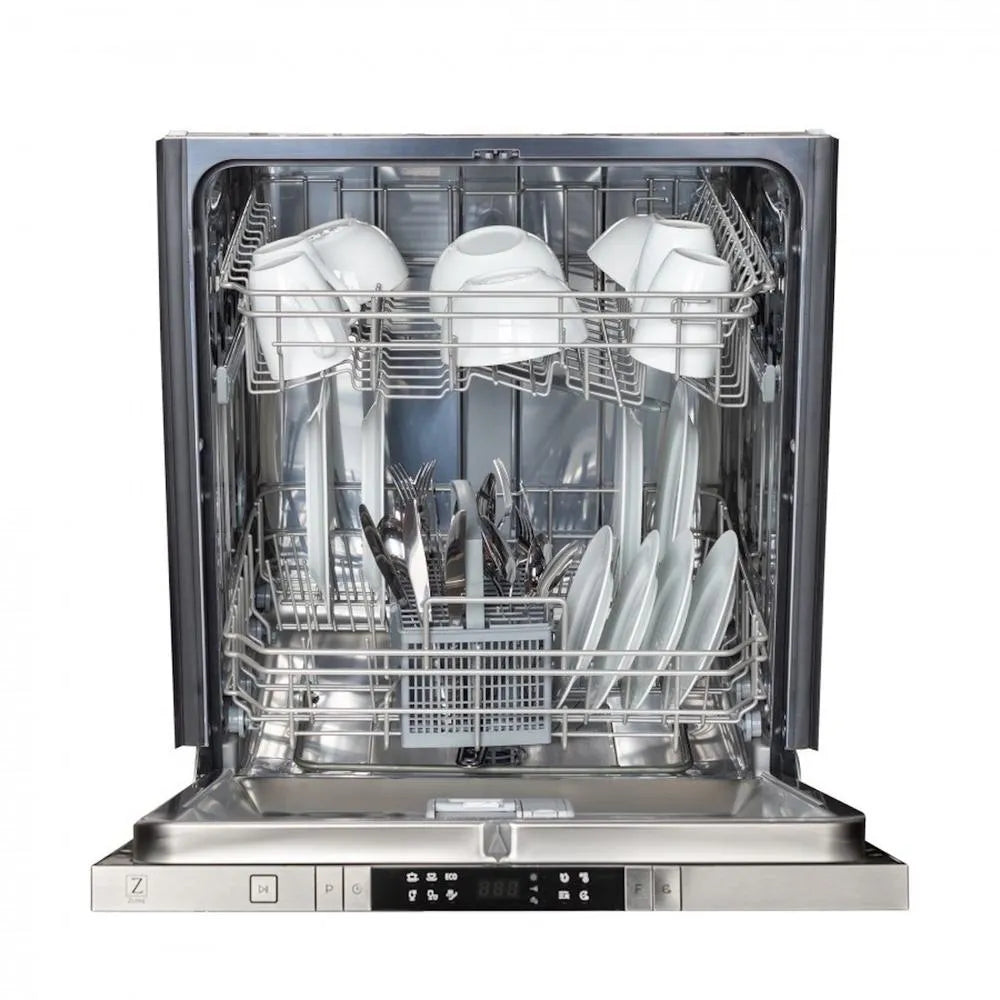 ZLINE 24 in. Top Control Built-In Dishwasher with Satin Stainless Steel Panel and Stainless Steel Tub with Modern Style Handle, 52dBa (DW-SN-24) front, open.