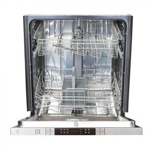 ZLINE 24 in. Top Control Built-In Dishwasher with Satin Stainless Steel Panel and Stainless Steel Tub with Modern Style Handle, 52dBa (DW-SN-24) front, open.