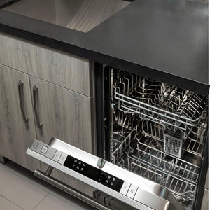 ZLINE 24 in. Top Control Built-In Dishwasher with Satin Stainless Steel Panel and Stainless Steel Tub with Modern Style Handle, 52dBa (DW-SN-24) in a luxury kitchen.