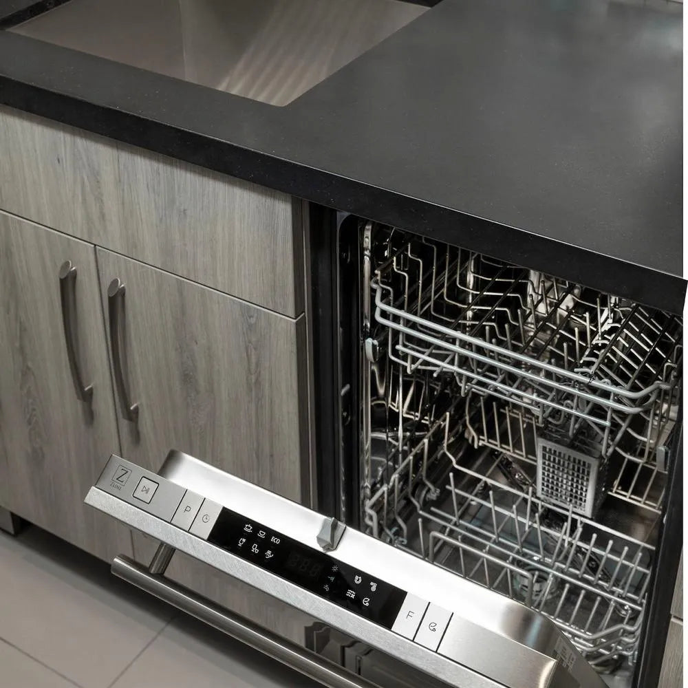 ZLINE 24 in. Top Control Built-In Dishwasher with Satin Stainless Steel Panel and Stainless Steel Tub with Modern Style Handle, 52dBa (DW-SN-24) in a kitchen setting with wooden cabinets and black countertop.
