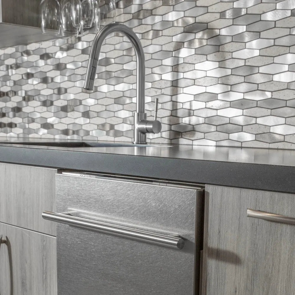 Modern kitchen with ZLINE 24 in. Top Control Built-In Dishwasher with Satin Stainless Steel Panel and Stainless Steel Tub with Modern Style Handle, 52dBa (DW-SN-24), metallic backsplash, faucet, and cabinets.