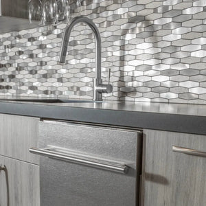 Modern kitchen with ZLINE 24 in. Top Control Built-In Dishwasher with Satin Stainless Steel Panel and Stainless Steel Tub with Modern Style Handle, 52dBa (DW-SN-24), metallic backsplash, faucet, and cabinets.