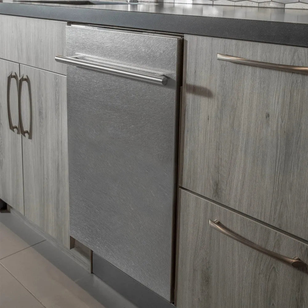Modern kitchen cabinets with metallic handles and a ZLINE 24 in. Top Control Built-In Dishwasher with Satin Stainless Steel Panel and Stainless Steel Tub with Modern Style Handle, 52dBa (DW-SN-24)