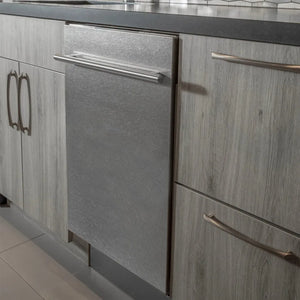 Modern kitchen cabinets with metallic handles and a ZLINE 24 in. Top Control Built-In Dishwasher with Satin Stainless Steel Panel and Stainless Steel Tub with Modern Style Handle, 52dBa (DW-SN-24)