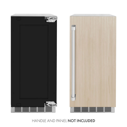 ZLINE 15 in. Touchstone Gourmet Ice Maker with Drain Pump and Panel Ready Door (IGMDP-15) front, panel ready unit side-by-side with unit with custom panels. Text: Panel and handle not included.