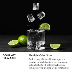 Gourmet Ice Maker Infographic. Multiple Cube Sizes. Text: Craft a bevy of ice-cold beverages and creative cocktails thanks to an easy-to-use setting that offers 6 different cube sizes, with each cycle creating 24 gourmet cubes.