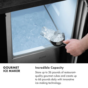 Gourmet Ice Maker Infographic. Incredible Capacity. Text: Store up to 26 pounds of restaurant-quality and create up to 66 pounds daily with innovative ice-making technology.