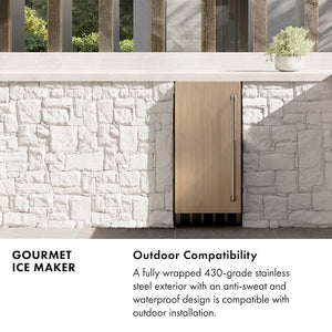 Gourmet Ice Maker Infographic. Outdoor Compatibility. Text: A fully wrapped 430-grade stainless steel exterior with anti-sweat and waterproof design is compatible with outdoor installation.