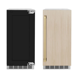 ZLINE Autograph Edition 15 in. Touchstone Gourmet Ice Maker with Drain Pump and Panel Ready Door with Champagne Bronze Handle (IGMDPZ-15-CB) front, panel ready unit side-by-side with unit with custom panels.