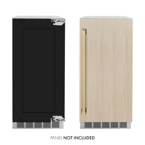 ZLINE Autograph Edition 15 in. Touchstone Gourmet Ice Maker with Drain Pump and Panel Ready Door with Champagne Bronze Handle (IGMDPZ-15-CB) front, panel ready unit side-by-side with unit with custom panels. Text: Panel not included.