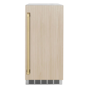 ZLINE Autograph Edition 15 in. Touchstone Gourmet Ice Maker with Drain Pump and Panel Ready Door with Champagne Bronze Handle (IGMDPZ-15-CB) front, closed, panel and handle on.