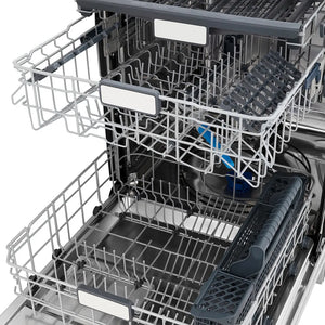 Open ZLINE 24 in. Monument Series 3rd Rack Top Touch Control Dishwasher with Satin Stainless Steel Panel and Stainless Steel Tub, 45dBa (DWMT-SN-24) with racks and compartments on a white background