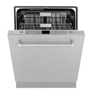 ZLINE 24 in. Monument Series 3rd Rack Top Touch Control Dishwasher with Satin Stainless Steel Panel and Stainless Steel Tub, 45dBa (DWMT-SN-24) front, half open.