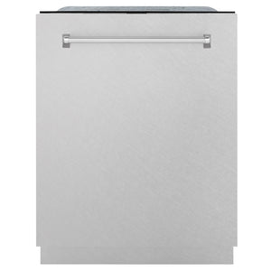 ZLINE 24 in. Monument Series 3rd Rack Top Touch Control Dishwasher with Satin Stainless Steel Panel and Stainless Steel Tub, 45dBa (DWMT-SN-24) front, closed.