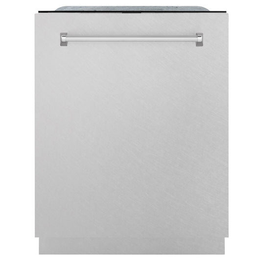 ZLINE 24 in. Monument Series 3rd Rack Top Touch Control Dishwasher with Satin Stainless Steel Panel and Stainless Steel Tub, 45dBa (DWMT-SN-24) front, closed.