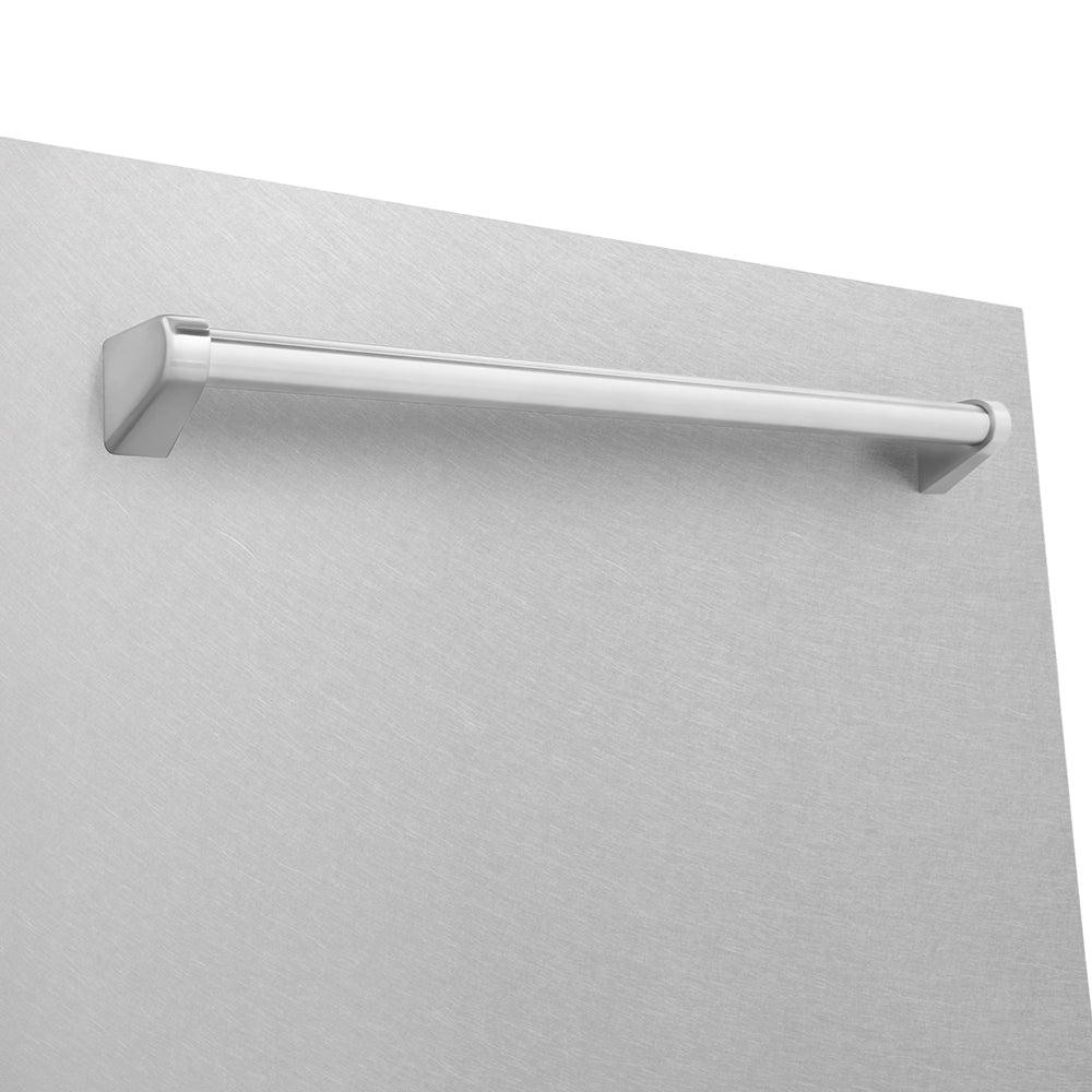 ZLINE 24 in. Monument Series 3rd Rack Top Touch Control Dishwasher with Satin Stainless Steel Panel and Stainless Steel Tub, 45dBa (DWMT-SN-24) handle close-up on panel exterior