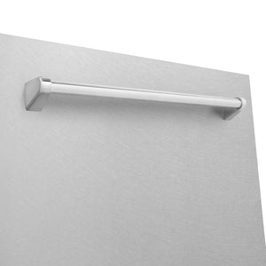 ZLINE 24 in. Monument Series 3rd Rack Top Touch Control Dishwasher with Satin Stainless Steel Panel and Stainless Steel Tub, 45dBa (DWMT-SN-24) handle close-up on panel exterior