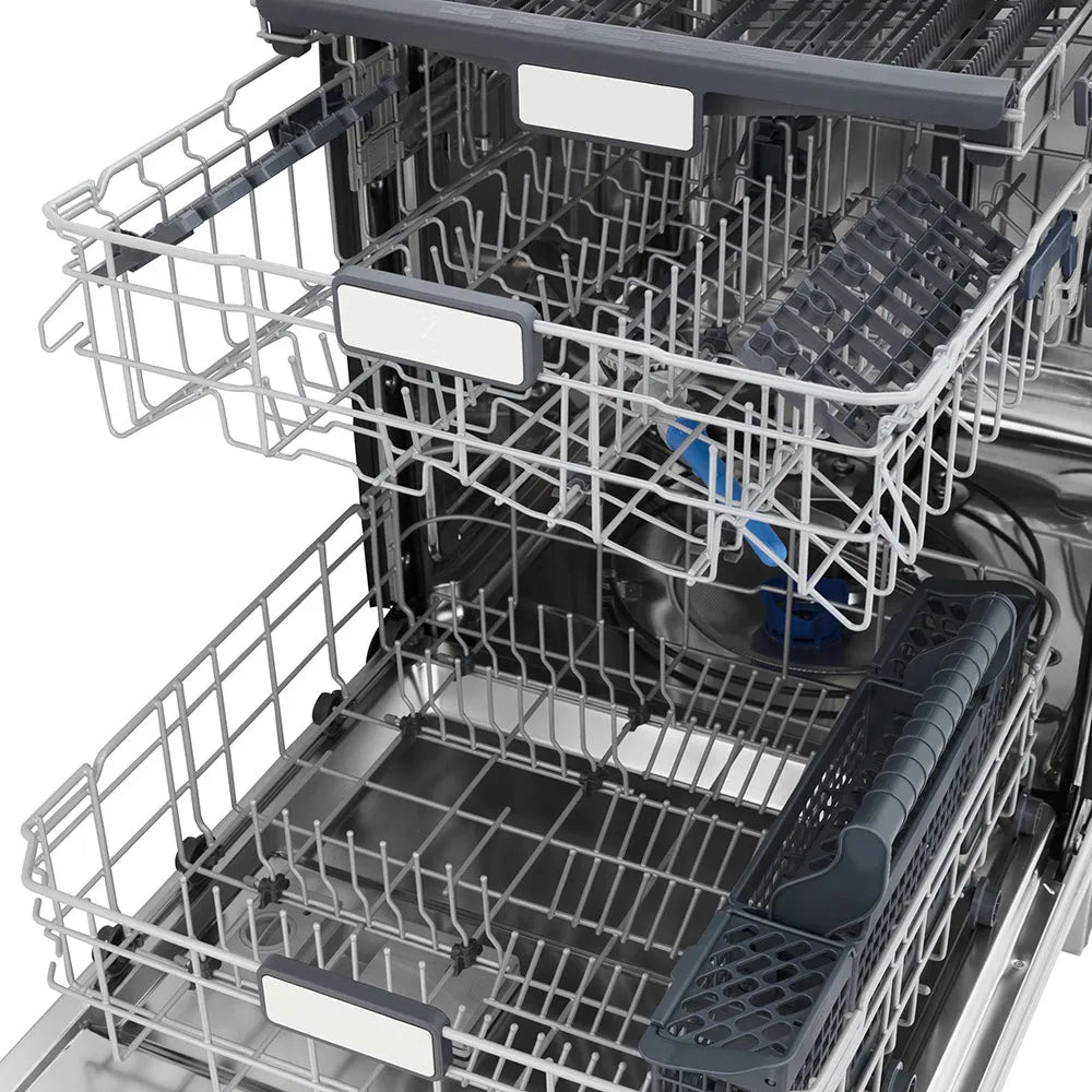 Open ZLINE 24 in. Monument Series 3rd Rack Top Touch Control Dishwasher in Stainless Steel with Stainless Steel Tub, 45dBa (DWMT-304-24) with racks and compartments on a white background