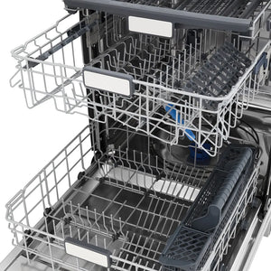 Open ZLINE 24 in. Monument Series 3rd Rack Top Touch Control Dishwasher in Stainless Steel with Stainless Steel Tub, 45dBa (DWMT-304-24) with racks and compartments on a white background
