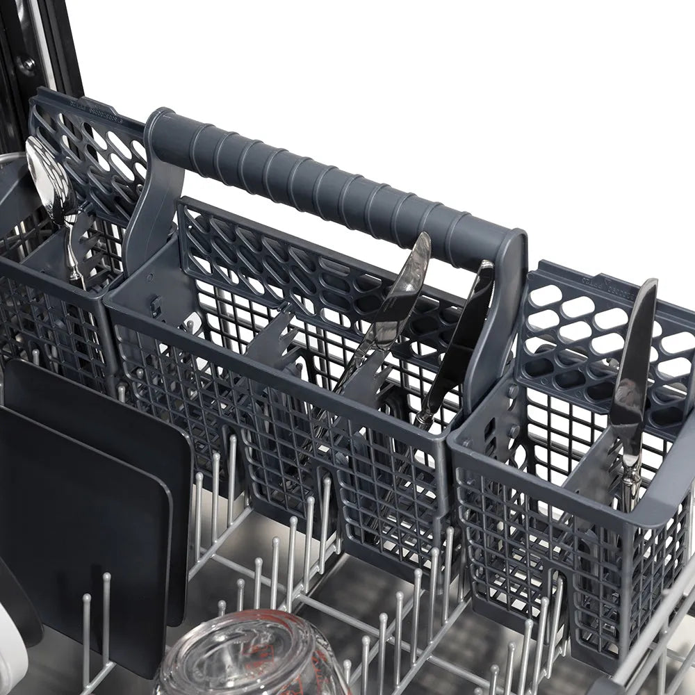 Dishwasher rack with cutlery and dishes inside a ZLINE 24 in. Monument Series 3rd Rack Top Touch Control Dishwasher in Stainless Steel with Stainless Steel Tub, 45dBa (DWMT-304-24)