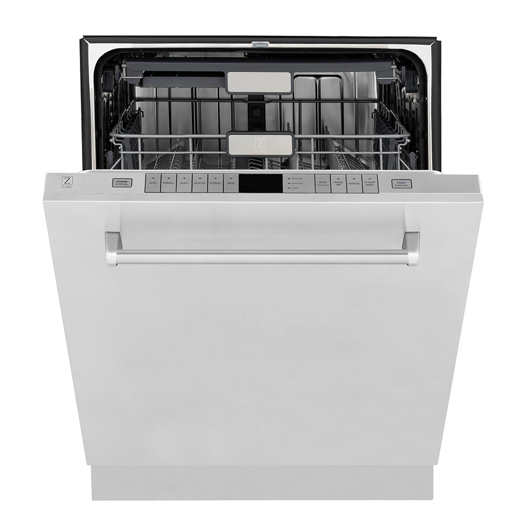 ZLINE 24 in. Monument Series 3rd Rack Top Touch Control Dishwasher in Stainless Steel with Stainless Steel Tub, 45dBa (DWMT-304-24) front, half open.
