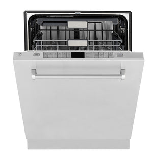 ZLINE 24 in. Monument Series 3rd Rack Top Touch Control Dishwasher in Stainless Steel with Stainless Steel Tub, 45dBa (DWMT-304-24) front, half open.