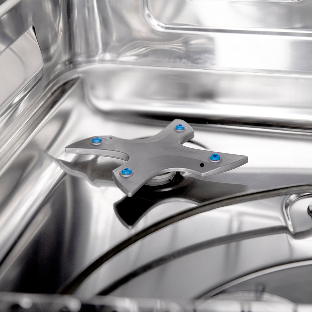 ZLINE 24 in. Monument Series 3rd Rack Top Touch Control Dishwasher in Stainless Steel with Stainless Steel Tub, 45dBa (DWMT-304-24) corner sprayer.