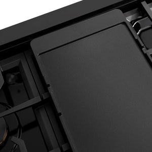 ZLINE 48 in. Paramount Gas Rangetop with 8 Brass Burners and Porcelain Cooktop in Black Stainless Steel (SRTB-BR-48) close-up detail, reversible griddle, flat side.