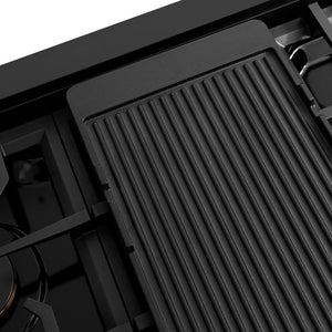 ZLINE 48 in. Paramount Gas Rangetop with 8 Brass Burners and Porcelain Cooktop in Black Stainless Steel (SRTB-BR-48) close-up detail, reversible griddle, ribbed side.